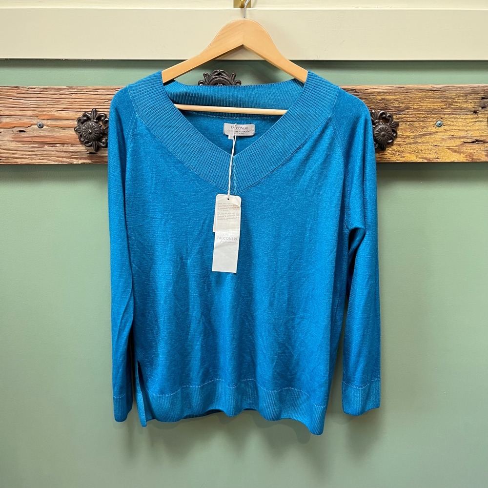 Falconeri Cashmere Ultralight V-Neck Sweater‎ Bluette Light TC Teal Blue S